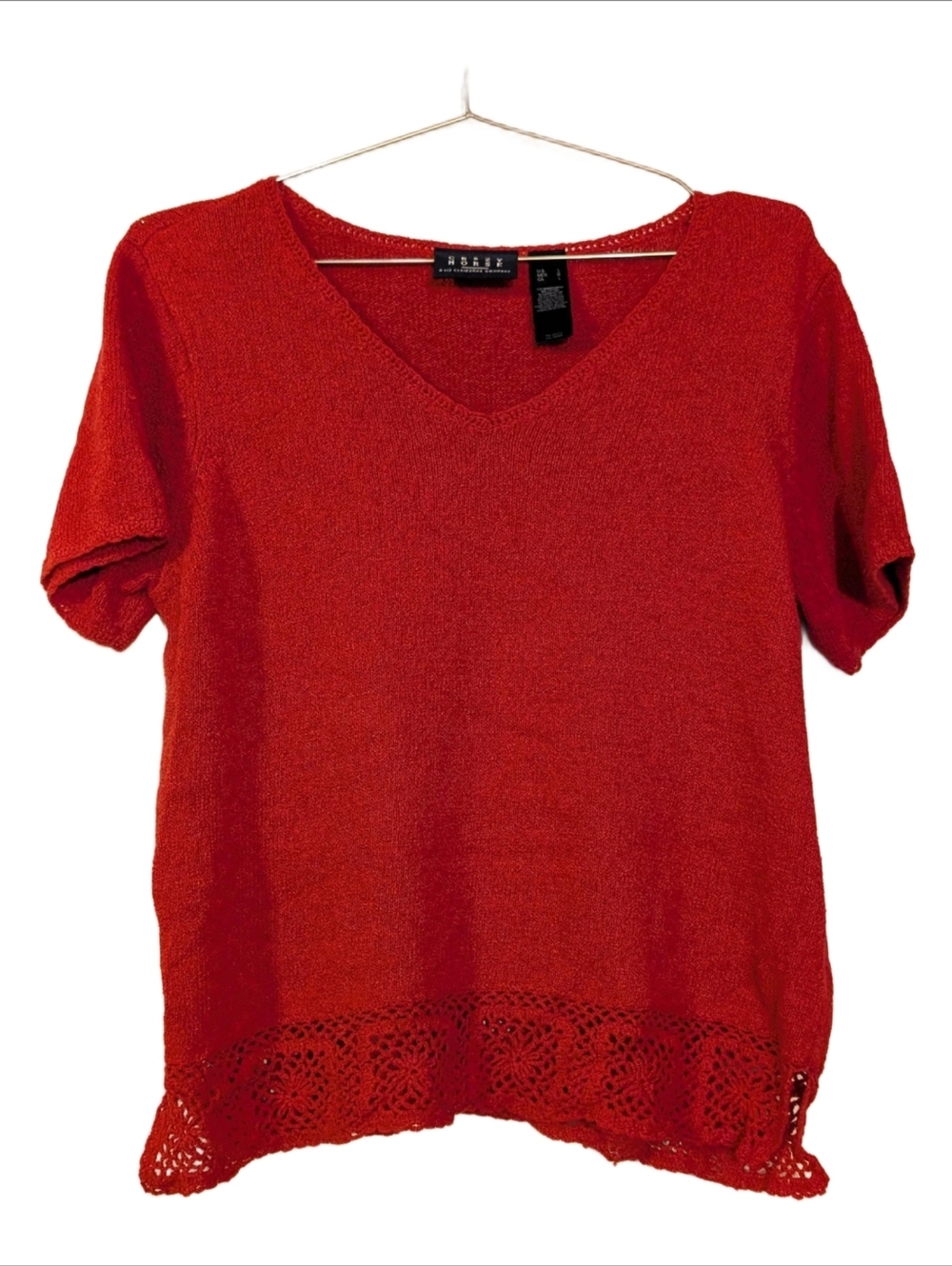 Red V-Neck Short Sleeve Knit Top with Crochet Trim
